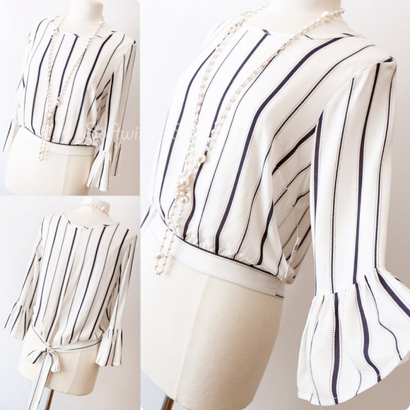 Last☝️ Ivory Navy Striped Tie Back Crop Blouse Top - Picture 3 of 8
